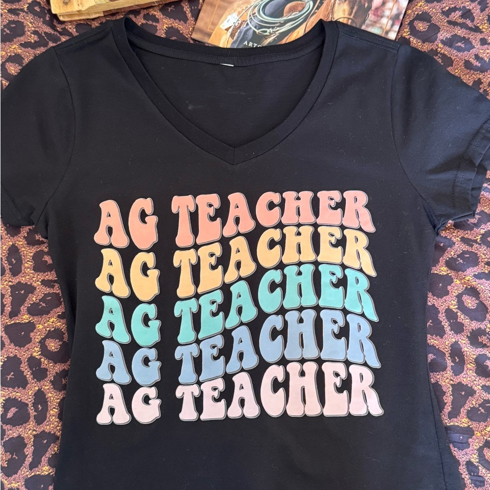 AG Teacher V-Neck Tee - Black with Pastel Letters by Wandering Maverick